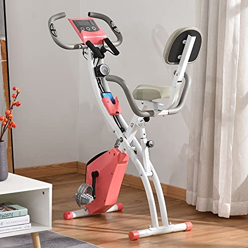 HOMCOM Bicicleta Estática Plegable Regulable en Altura Resistencia Magnética Ajustable Bicicleta de Ejercicio Fitness con Pantalla LCD y Asiento con Respaldo 97x51x115 cm Rosa Peso máximo 120 Kg