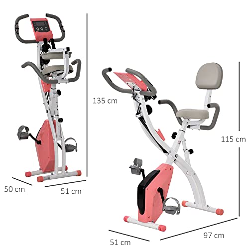 HOMCOM Bicicleta Estática Plegable Regulable en Altura Resistencia Magnética Ajustable Bicicleta de Ejercicio Fitness con Pantalla LCD y Asiento con Respaldo 97x51x115 cm Rosa Peso máximo 120 Kg