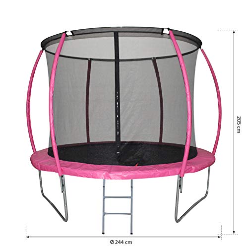 HOMCOM Cama Elástica Multifuncional Estable para Exterior e Interior Patio Gimnasio Trampolín Grande con Red Seguridad y Escalera Carga 100kg para Adultos y Niños Φ244x205 cm Rosa