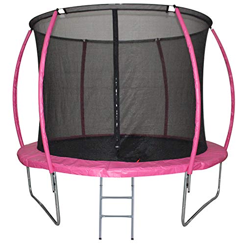 HOMCOM Cama Elástica Multifuncional Estable para Exterior e Interior Patio Gimnasio Trampolín Grande con Red Seguridad y Escalera Carga 100kg para Adultos y Niños Φ244x205 cm Rosa