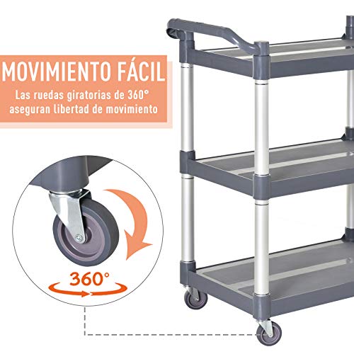 HOMCOM Carro de Almacenamiento de Aluminio Multiusos Carrito de 3 Niveles con 4 Ruedas Universales para Cocina Baño Hotel Restaurante Carga 300 kg 88x44x93 cm Gris