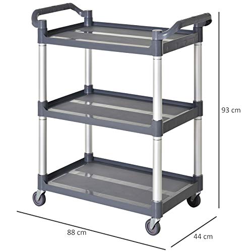 HOMCOM Carro de Almacenamiento de Aluminio Multiusos Carrito de 3 Niveles con 4 Ruedas Universales para Cocina Baño Hotel Restaurante Carga 300 kg 88x44x93 cm Gris