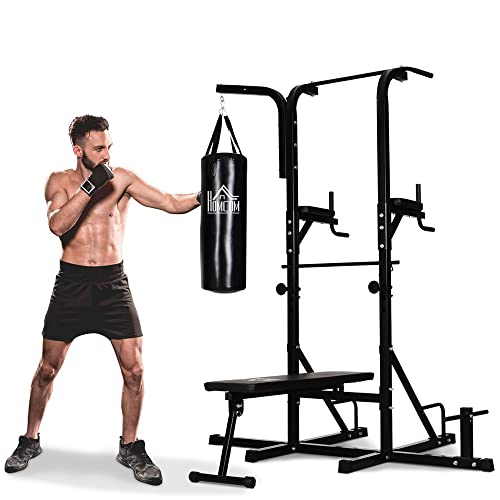 HOMCOM Estación de Musculación con Saco de Boxeo 20 kg Barra de Dominadas y Banco de Pesas Plegable Torre de Entrenamiento para Fitness en Casa Gimnasio 180x183x219 cm Negro