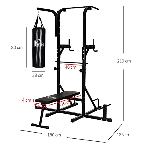 HOMCOM Estación de Musculación con Saco de Boxeo 20 kg Barra de Dominadas y Banco de Pesas Plegable Torre de Entrenamiento para Fitness en Casa Gimnasio 180x183x219 cm Negro