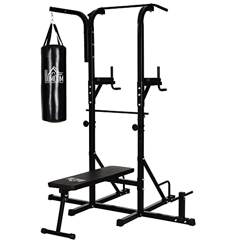 HOMCOM Estación de Musculación con Saco de Boxeo 20 kg Barra de Dominadas y Banco de Pesas Plegable Torre de Entrenamiento para Fitness en Casa Gimnasio 180x183x219 cm Negro