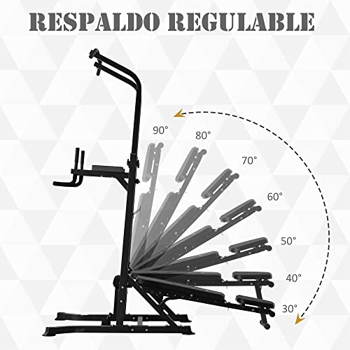 HOMCOM Estación de Musculación Torre de Entrenamiento Altura Ajustable con Barra de Dominadas y Banco Plegable para Fitness en Casa Gimnasio Carga 150 kg 99x178x230 cm Negro