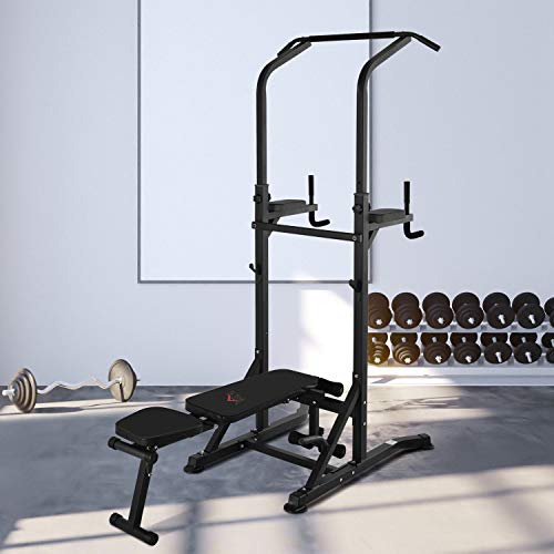 HOMCOM Estación de Musculación Torre de Entrenamiento Altura Ajustable con Barra de Dominadas y Banco Plegable para Fitness en Casa Gimnasio Carga 150 kg 99x178x230 cm Negro