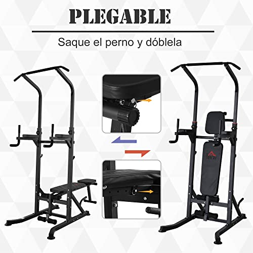 HOMCOM Estación de Musculación Torre de Entrenamiento Altura Ajustable con Barra de Dominadas y Banco Plegable para Fitness en Casa Gimnasio Carga 150 kg 99x178x230 cm Negro