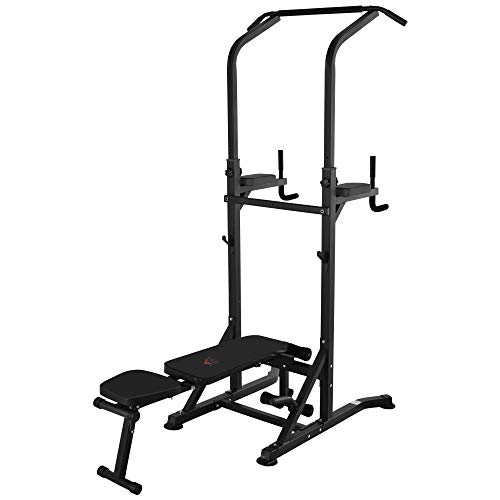 HOMCOM Estación de Musculación Torre de Entrenamiento Altura Ajustable con Barra de Dominadas y Banco Plegable para Fitness en Casa Gimnasio Carga 150 kg 99x178x230 cm Negro