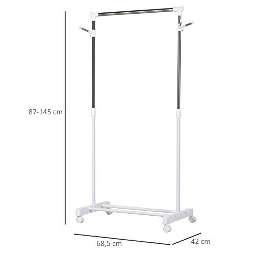 HOMCOM Estante de Ropa Perchero Estándar de Barra Altura Ajustable Portátil con Estante Inferior sobre Ruedas Tubería de Acero 68,5x42x87-145 cm Blanco Plata