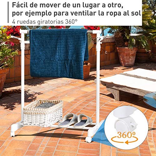 HOMCOM Estante de Ropa Perchero Estándar de Barra Altura Ajustable Portátil con Estante Inferior sobre Ruedas Tubería de Acero 68,5x42x87-145 cm Blanco Plata