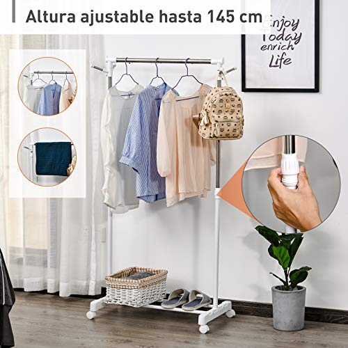 HOMCOM Estante de Ropa Perchero Estándar de Barra Altura Ajustable Portátil con Estante Inferior sobre Ruedas Tubería de Acero 68,5x42x87-145 cm Blanco Plata