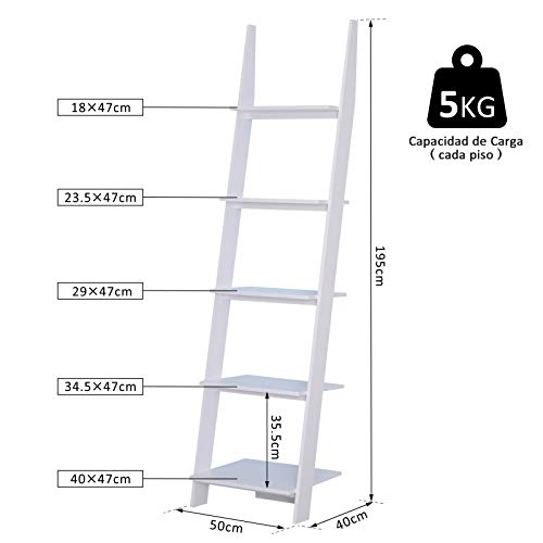 HOMCOM Estantería de Escalera Librería con 5 Estantes Moderna Estantería Escalonada de Pared para Baño Salón Terraza 50x40x195cm