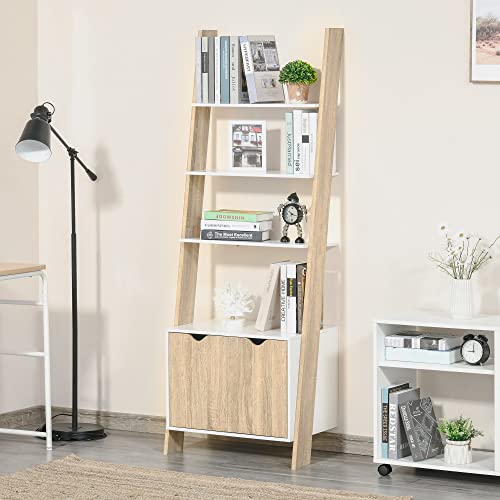 HOMCOM Estantería en Forma de Escalera de Madera con 3 Estantes y 1 Armario de Almacenaje Librería de Estilo Nórdico Moderno 60x40x171 cm Roble y Blanco