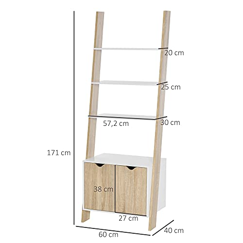 HOMCOM Estantería en Forma de Escalera de Madera con 3 Estantes y 1 Armario de Almacenaje Librería de Estilo Nórdico Moderno 60x40x171 cm Roble y Blanco