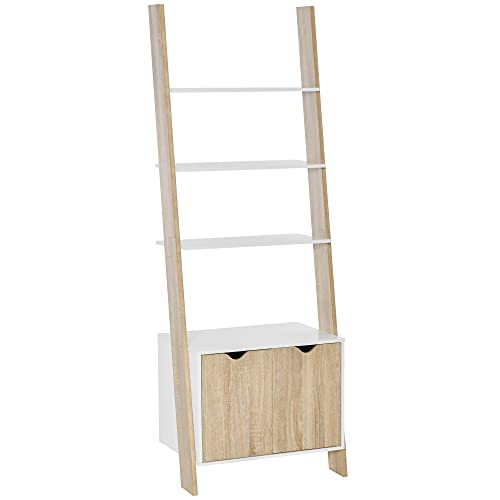 HOMCOM Estantería en Forma de Escalera de Madera con 3 Estantes y 1 Armario de Almacenaje Librería de Estilo Nórdico Moderno 60x40x171 cm Roble y Blanco