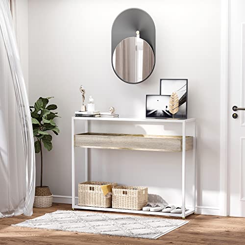 HOMCOM Mesa Consola de Entrada 108x28x85 cm Mueble Recibidor con Encimera de Cristal Estante y Rejilla Inferior Marco de Acero para Pasillo Salón Extremo del Sofá Blanco