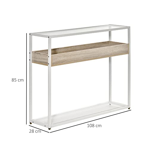 HOMCOM Mesa Consola de Entrada 108x28x85 cm Mueble Recibidor con Encimera de Cristal Estante y Rejilla Inferior Marco de Acero para Pasillo Salón Extremo del Sofá Blanco