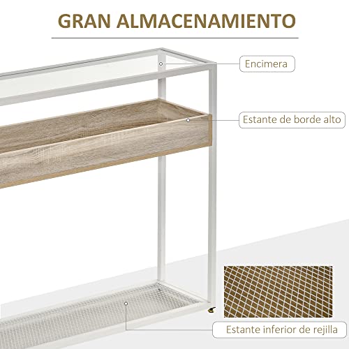 HOMCOM Mesa Consola de Entrada 108x28x85 cm Mueble Recibidor con Encimera de Cristal Estante y Rejilla Inferior Marco de Acero para Pasillo Salón Extremo del Sofá Blanco