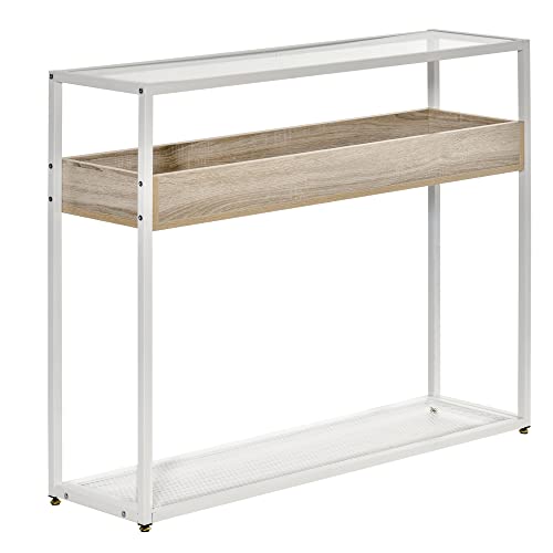 HOMCOM Mesa Consola de Entrada 108x28x85 cm Mueble Recibidor con Encimera de Cristal Estante y Rejilla Inferior Marco de Acero para Pasillo Salón Extremo del Sofá Blanco