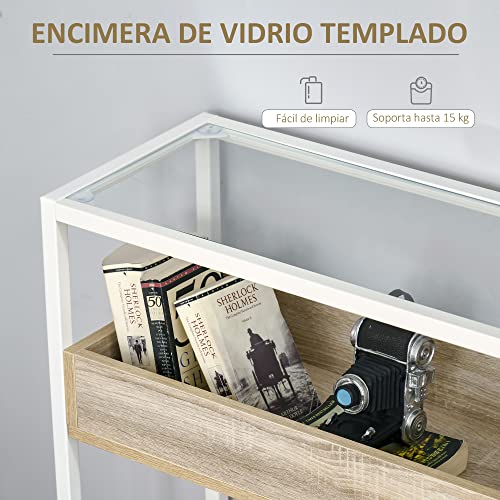 HOMCOM Mesa Consola de Entrada 108x28x85 cm Mueble Recibidor con Encimera de Cristal Estante y Rejilla Inferior Marco de Acero para Pasillo Salón Extremo del Sofá Blanco