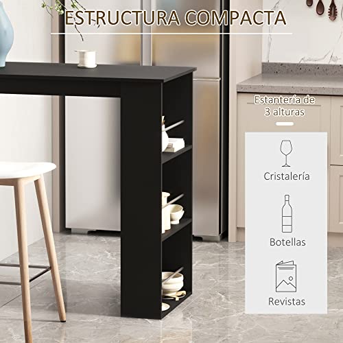 HOMCOM Mesa de Bar de Bistro Mesa de Comedor con 3 Estantes para Bebidas y Barra Estructura de Madera Mesa Alta para Cocina Sala de Estar 112x57x106 cm Negro