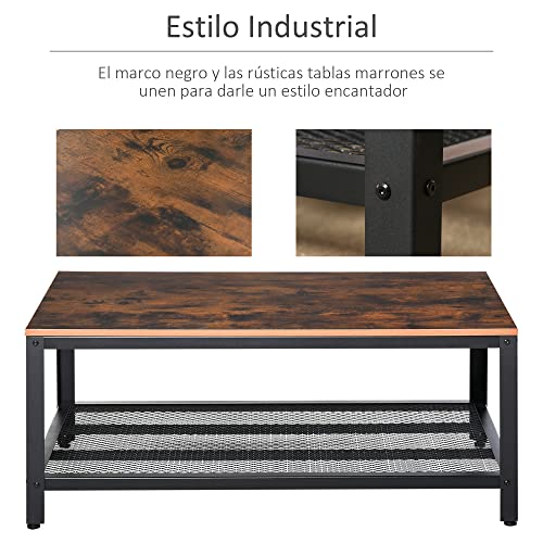 HOMCOM Mesa de Centro Mesa Auxiliar Multifuncional para Sofá Salón Dormitorio Estilo Industrial Retro Estante de Rejilla Mesa Café Acero y Madera 106x60x45cm