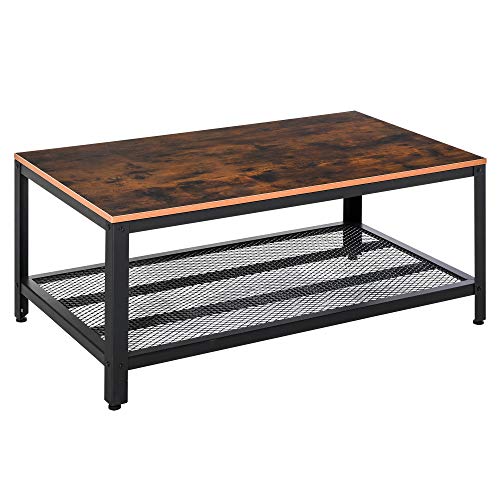 HOMCOM Mesa de Centro Mesa Auxiliar Multifuncional para Sofá Salón Dormitorio Estilo Industrial Retro Estante de Rejilla Mesa Café Acero y Madera 106x60x45cm