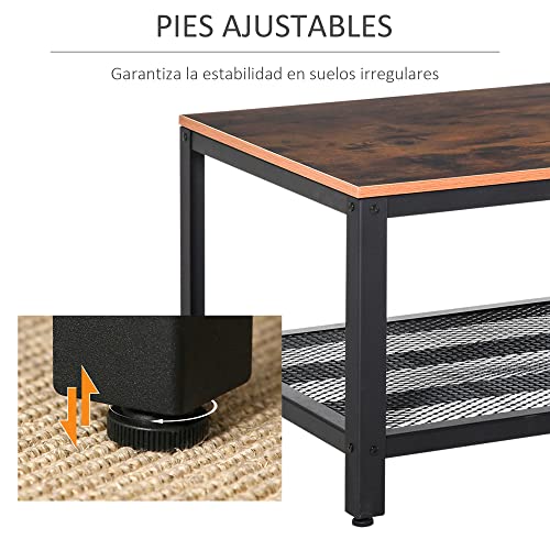 HOMCOM Mesa de Centro Mesa Auxiliar Multifuncional para Sofá Salón Dormitorio Estilo Industrial Retro Estante de Rejilla Mesa Café Acero y Madera 106x60x45cm