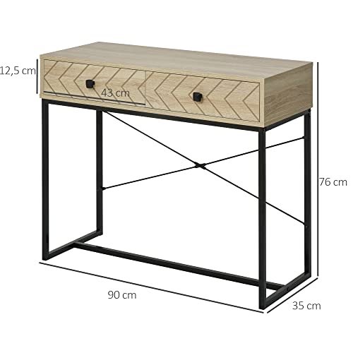 HOMCOM Mesa de Consola 90x35x76 cm Mesa de Entrada con 2 Cajones de Almacenamiento Decorativos y Estructura de Metal para Recibidor Pasillo Salón Color Natural