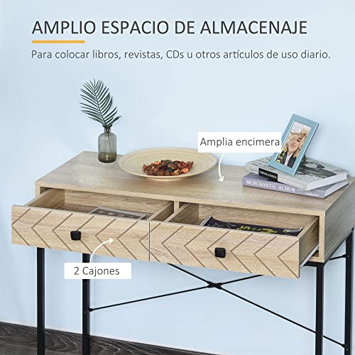 HOMCOM Mesa de Consola 90x35x76 cm Mesa de Entrada con 2 Cajones de Almacenamiento Decorativos y Estructura de Metal para Recibidor Pasillo Salón Color Natural