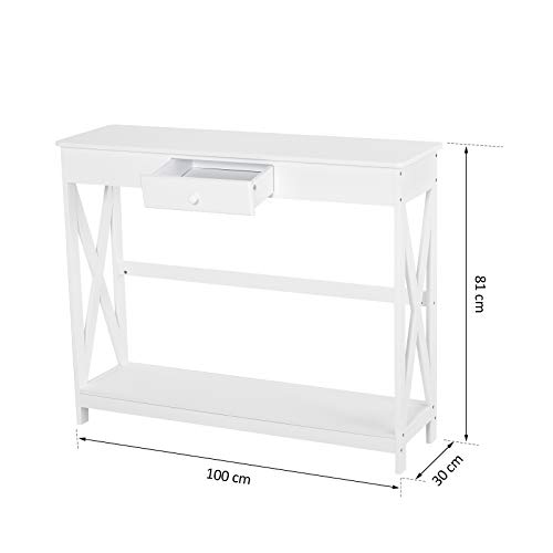 HOMCOM Mesa de Consola Clásica con 1 cajón y 1 Estante de Almacenaje para la Entrada el Pasillo o como Auxiliar en Salones y Comedores Estilo Elegante de 100x30x81cm Blanco