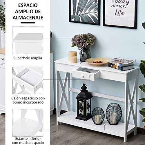 HOMCOM Mesa de Consola Clásica con 1 cajón y 1 Estante de Almacenaje para la Entrada el Pasillo o como Auxiliar en Salones y Comedores Estilo Elegante de 100x30x81cm Blanco