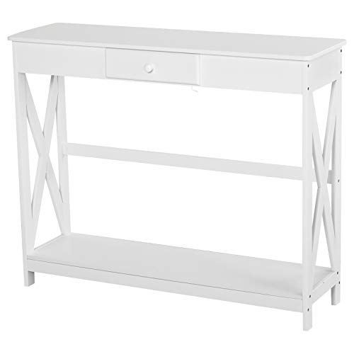 HOMCOM Mesa de Consola Clásica con 1 cajón y 1 Estante de Almacenaje para la Entrada el Pasillo o como Auxiliar en Salones y Comedores Estilo Elegante de 100x30x81cm Blanco