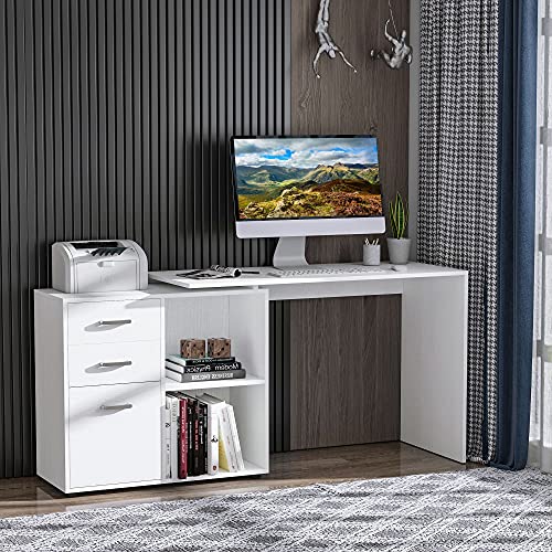 HOMCOM Mesa de Ordenador Escritorio Mesa Esquinera Oficina 2 Formas con 2 Estantes 3 Cajones Mesa de Despacho Escuela Estudio Madera Blanco