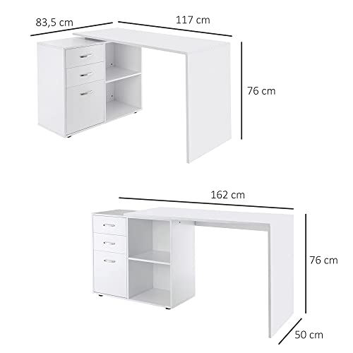 HOMCOM Mesa de Ordenador Escritorio Mesa Esquinera Oficina 2 Formas con 2 Estantes 3 Cajones Mesa de Despacho Escuela Estudio Madera Blanco