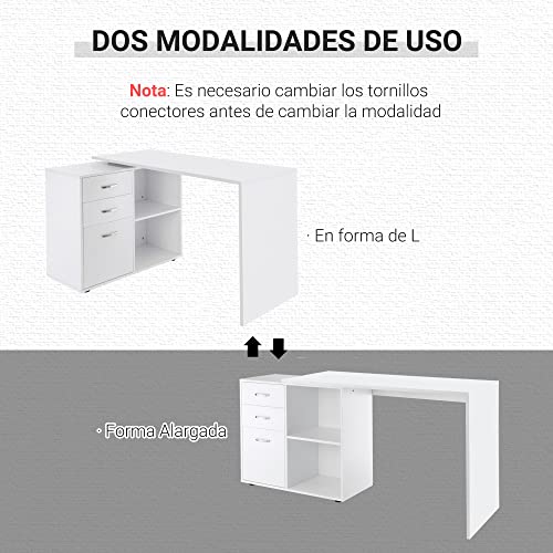 HOMCOM Mesa de Ordenador Escritorio Mesa Esquinera Oficina 2 Formas con 2 Estantes 3 Cajones Mesa de Despacho Escuela Estudio Madera Blanco