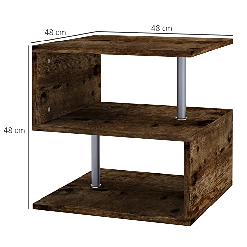 HOMCOM Mesa Lateral para Sofá Mesita de Centro para Salón Estilo Industrial Mesa Auxiliar en Forma de S con Estantes a 3 Niveles 48x48x48 cm Color Madera Envejecida