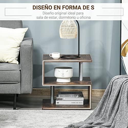 HOMCOM Mesa Lateral para Sofá Mesita de Centro para Salón Estilo Industrial Mesa Auxiliar en Forma de S con Estantes a 3 Niveles 48x48x48 cm Color Madera Envejecida