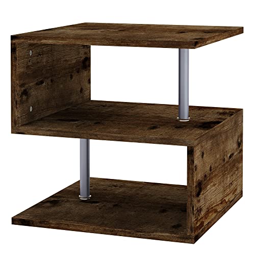 HOMCOM Mesa Lateral para Sofá Mesita de Centro para Salón Estilo Industrial Mesa Auxiliar en Forma de S con Estantes a 3 Niveles 48x48x48 cm Color Madera Envejecida