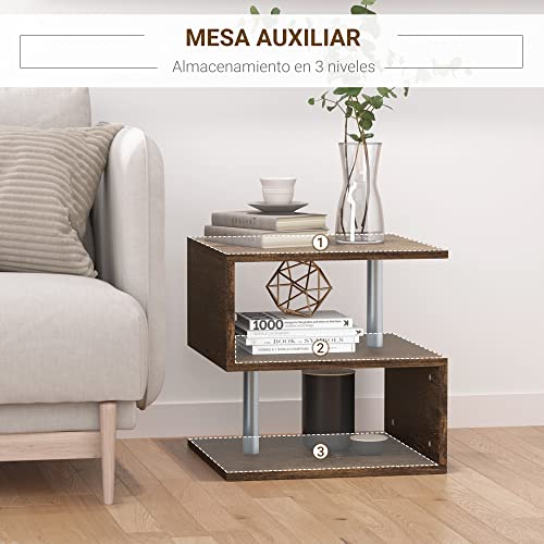 HOMCOM Mesa Lateral para Sofá Mesita de Centro para Salón Estilo Industrial Mesa Auxiliar en Forma de S con Estantes a 3 Niveles 48x48x48 cm Color Madera Envejecida