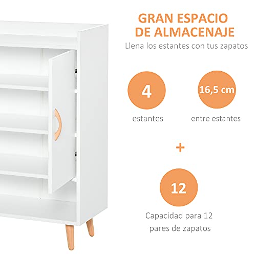 HOMCOM Mueble Zapatero de 2 Puertas Moderno Armario Auxiliar para 12 Pares de Zapatos con 4 Estantes para Recibidor Salón Dormitorio 60x30x92 cm Blanco