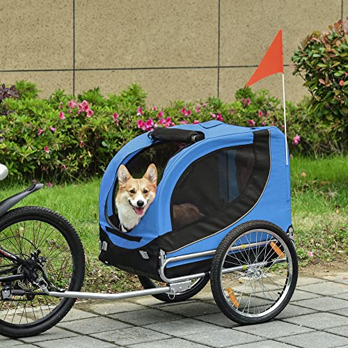 HOMCOM PawHut Remolque Bicicleta Perros Mascota 1 Bandera 6 Reflectores Remolque Bici Azul Negro