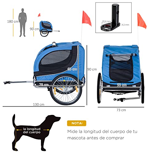 HOMCOM PawHut Remolque Bicicleta Perros Mascota 1 Bandera 6 Reflectores Remolque Bici Azul Negro