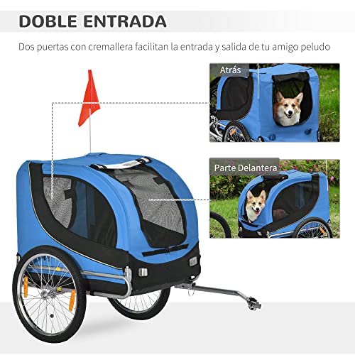 HOMCOM PawHut Remolque Bicicleta Perros Mascota 1 Bandera 6 Reflectores Remolque Bici Azul Negro