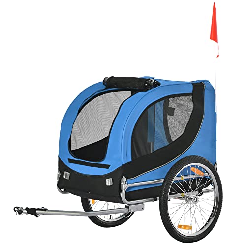 HOMCOM PawHut Remolque Bicicleta Perros Mascota 1 Bandera 6 Reflectores Remolque Bici Azul Negro