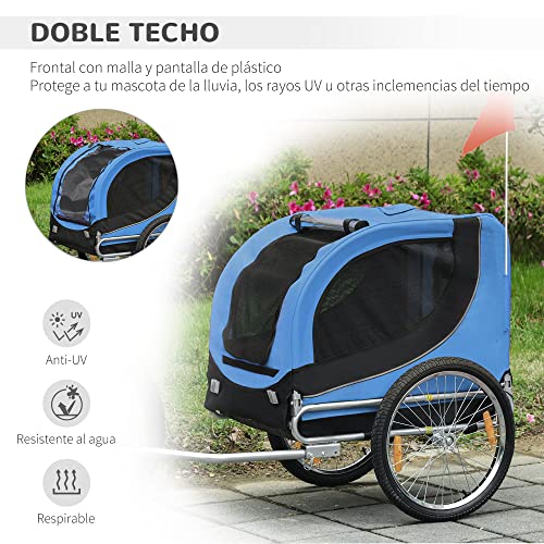 HOMCOM PawHut Remolque Bicicleta Perros Mascota 1 Bandera 6 Reflectores Remolque Bici Azul Negro