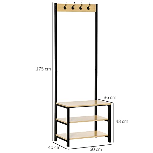 HOMCOM Perchero de Pie Perchero Metálico Zapatero 3 Estantes 8 Ganchos Colgador para Zapatos Ropas para Pasillo Entrada 60x40x175cm