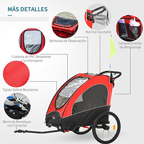 HOMCOM Remolque Infantil 3 en 1 para Bicicleta Carrito para Correr de 2 Plazas para Niños de +6 Meses Plegable Ruedas Giratorias y Manillar Ajustable 150x85x107 cm Rojo