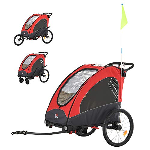 HOMCOM Remolque Infantil 3 en 1 para Bicicleta Carrito para Correr de 2 Plazas para Niños de +6 Meses Plegable Ruedas Giratorias y Manillar Ajustable 150x85x107 cm Rojo